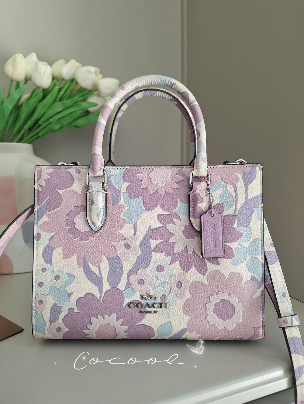 NEW COACH Maggie Small Tote Bag Crossbody Floral Print In Leather Ivory/Purple - Picture 2 of 8